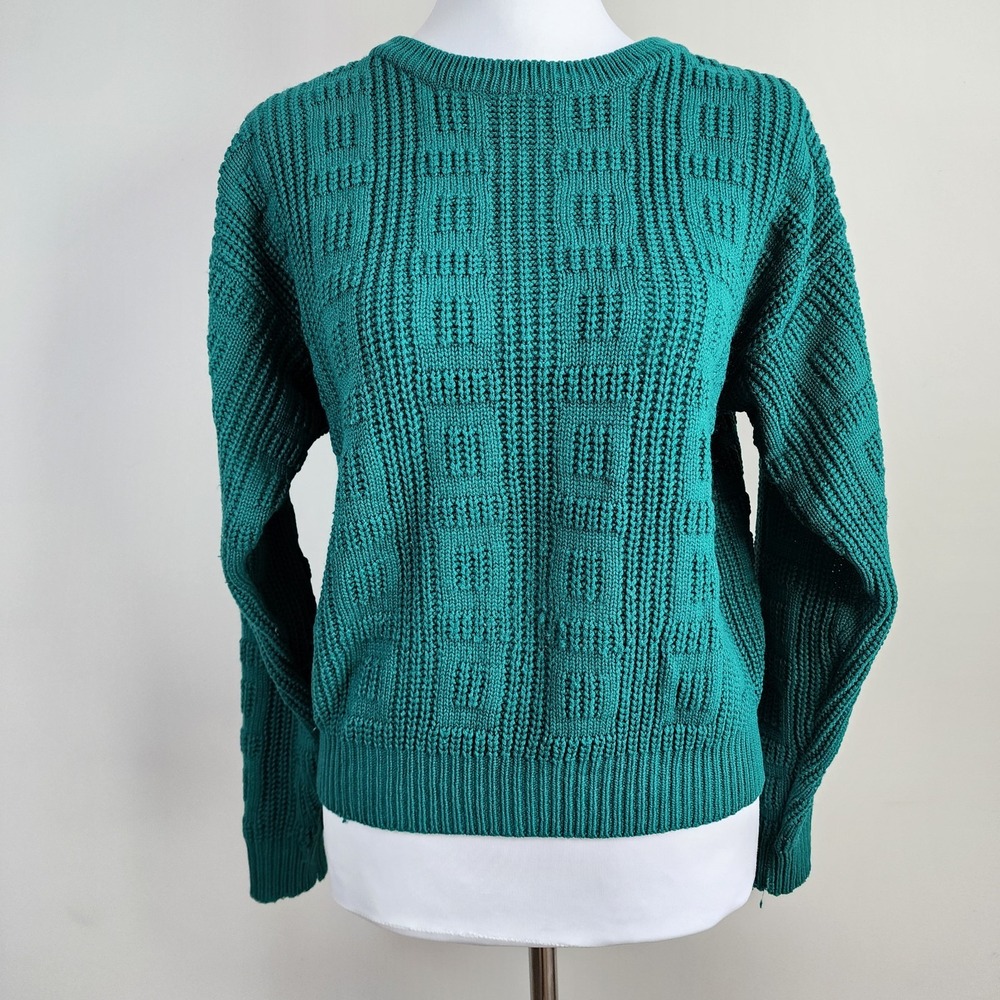 Vintage Knit Sweater Womens Medium Green Textured 80s Fisherman Nordic 38" Chest